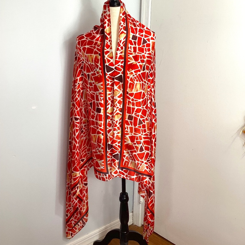WOMAN ONE SIZE VISCOSE SCARF SHAWL WRAP GEOMETRIC CORAL YELLOW WHITE 72x36”